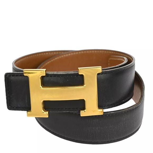 HERMES H Logo Constance Reversible Buckle Belt Leather Black Gold - Picture 1 of 14